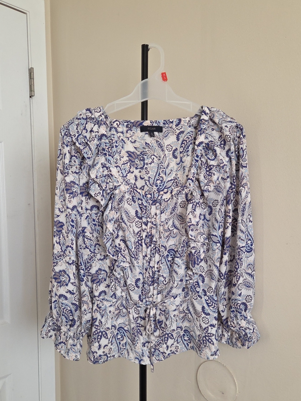 Eclair  Blue Paisley Ruffle-Tie Blouse